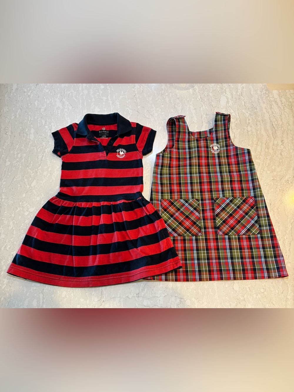 Primrose Dennis Uniforms. Plaid Jumper  Dress and stripe Polo Dress. 5/6